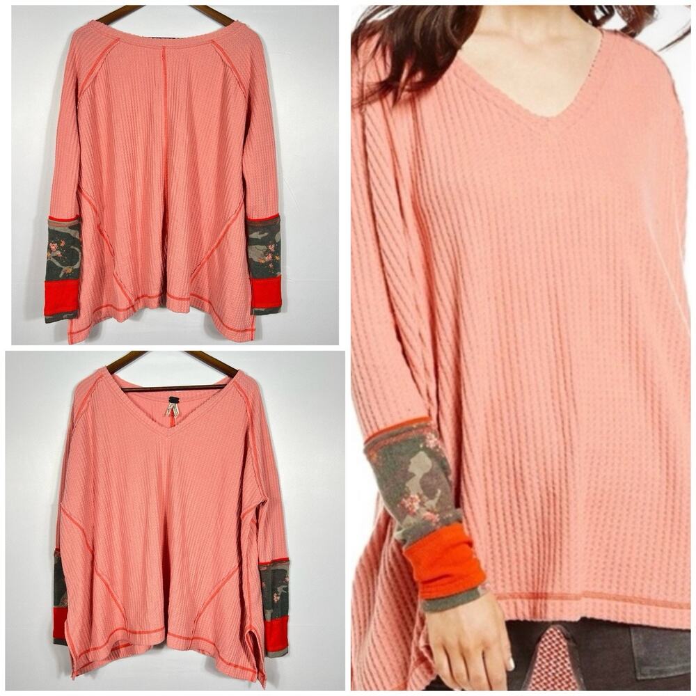 WE THE FREE Cozy thermal waffle knit leopard print cuff thermal top Orange XS - Picture 6 of 14